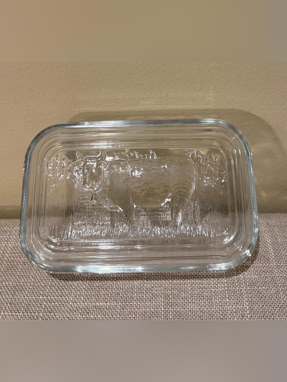 VTG ARC France Clear Glass Cow Butter Dish Covered Refrigerator Keeper 6.5”